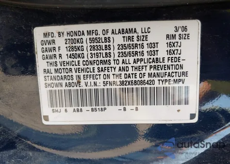 2006 Honda Odyssey Lx z USA, uszkodzony, nr VIN 5FNRL382X6B086420